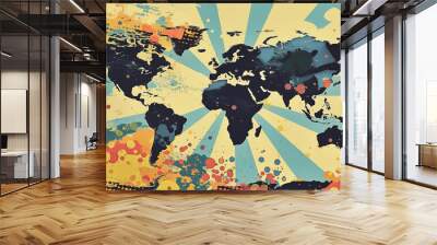 Pop art comic vintage map of the World poster. Colorful background in pop art retro comic style. Wall mural