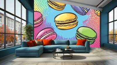 Pop art concept colorful macaroons cake. Colorful background in pop art retro comic style. Wall mural