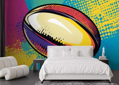 Pop art concept Rugby Ball. Colorful background in pop art retro comic style. American football background poster. Wall mural