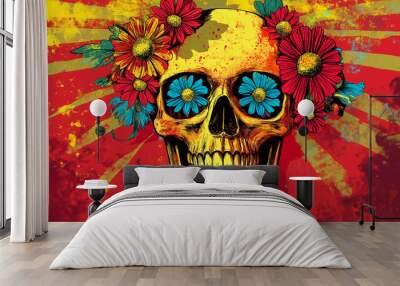 Pop art concept skull with flowers coming out of its eyes. colorful background in pop art retro comic style. Wall mural