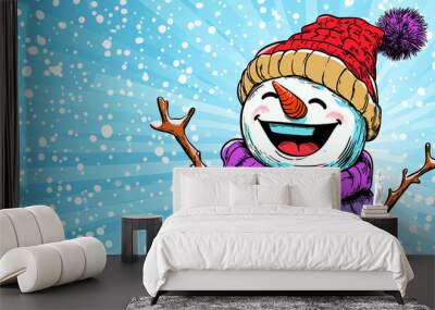 Pop art concept snowman. Snowflakes background in pop art retro comic style. Wall mural