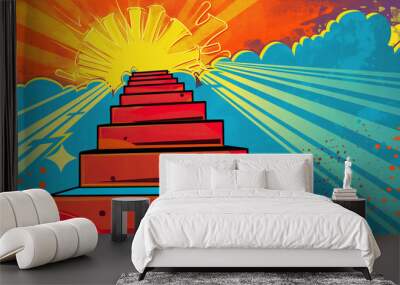 Pop art concept success ladder. colorful background in pop art retro comic style. Wall mural