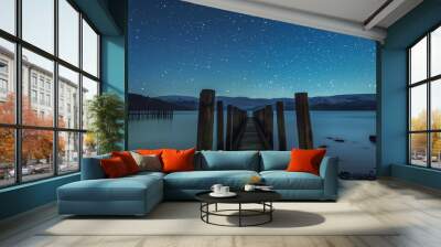 Timelapse Of A Starry Night With Wooden Columns And Firth Water In The Foreground. Panoramic Landscapes photography Wall mural