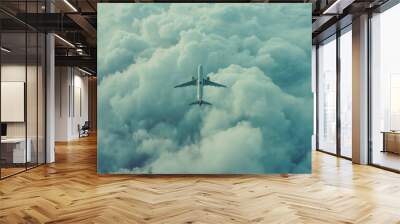 Travel concept, airplane in the sky flying among clouds. Passengers traveling by plane for summer vacation. Wall mural