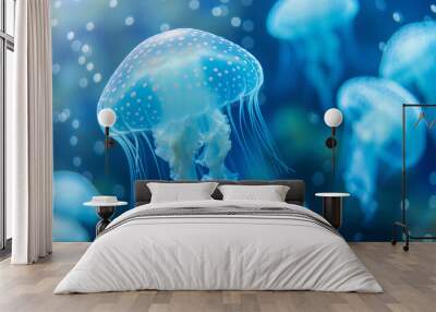 Underwater life. Blue jellyfish swims in the ocean. Sea life.  Wall mural