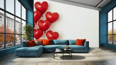 Valentine's Day concept red heart shaped balloons isolated white wall background. Copy paste area for text Wall mural