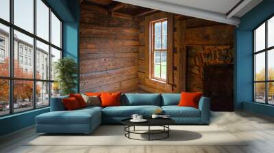 Interior log cabin window looking outward with sunlight shining in from an angle Wall mural