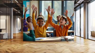 Students Raising Their Hands in a Classroom Discussion. Wall mural