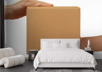 Two Hands Exchanging a Cardboard Box on White Background Wall mural