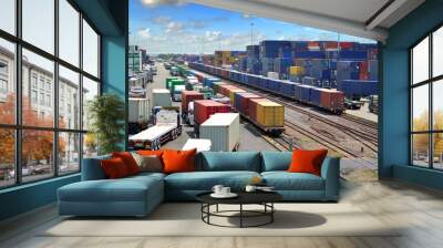 container yard, rail transport in thailand Wall mural