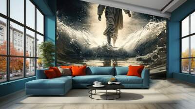 A Biblical Miracle Unfolds -- Jesus Christ Walks on Water Across the Sea in the Midst of a Storm Generative AI Wall mural