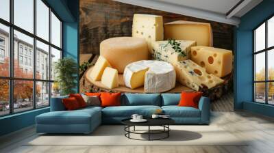 A collection of various cheese types, isolated on a wooden cheese board background Wall mural