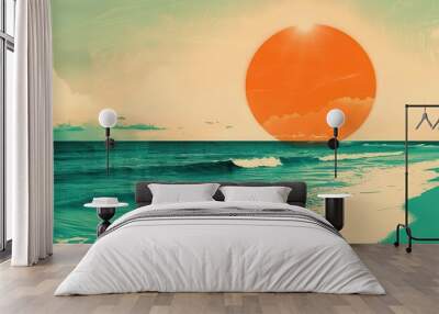 a serene beach scene with vibrant colors bold orange sun cyan sky and teal ocean cutandpaste aesthetic with crisp edges and retro charm Wall mural