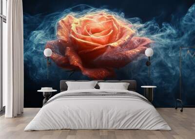 a stunning red rose wrapped in ethereal smoke swirling against a deep black background creating a dramatic and romantic visual that highlights the beauty of nature and mystery Wall mural