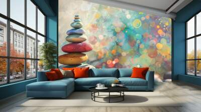 A whimsical scene of colorful, smooth pebbles stacked in a tower, symbolizing balance and creativity. Wall mural