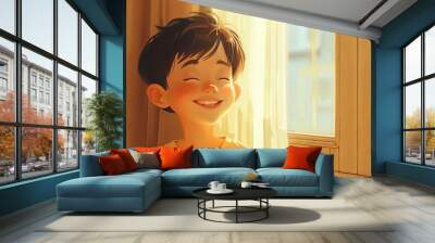 adorable asian boy smiling by window cheerful fictional character ai generated art Wall mural