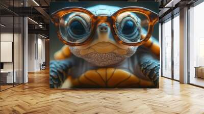 adorable baby sea turtle wearing tiny glasses posed charmingly against simple studio background emphasizing cuteness Wall mural