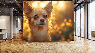 adorable dog with fluffy fur and expressive eyes playfully posing against a bright background radiating joy and warmth that captures the essence of companionship Wall mural