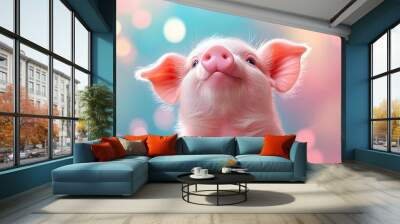 adorable pink piglet with fluffy white patches gazing upward with curious expression set against whimsical blue and pink gradient background for charming nursery art Wall mural