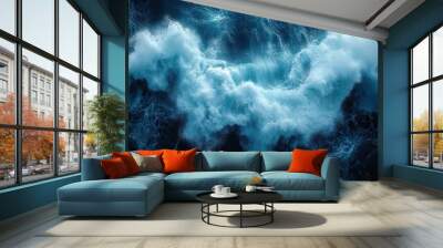 aerial view of powerful ocean waves dynamic fluid textures deep blues and foamy whites photorealistic digital rendering dramatic seascape Wall mural