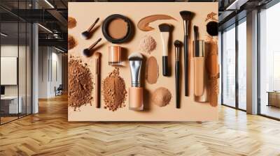 aesthetic flat lay of liquid foundations makeup brushes swatches face powder beauty photography Wall mural