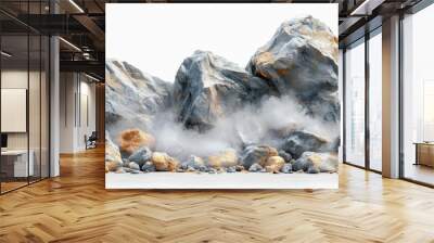 aigenerated illustration depicting rocks dust and debris cascading dramatically on a stark white background emphasizing motion and chaos in a digital art style Wall mural