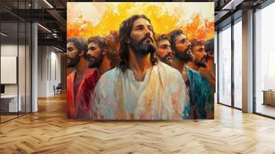 an impressionistic painting depicting jesus surrounded by his disciples with warm hues and loose brushstrokes creating a sense of movement and spiritual energy Wall mural