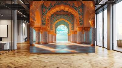 an ornate gilded 3d geometric structure showcasing a curved gateway intricately designed with imaginative patterns and details that capture the beauty of architectural brilliance Wall mural