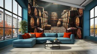 Antique oak wine barrels stacked in old dark cellar, aging cognac whiskey storage, rustic winery interior, 3D render Wall mural