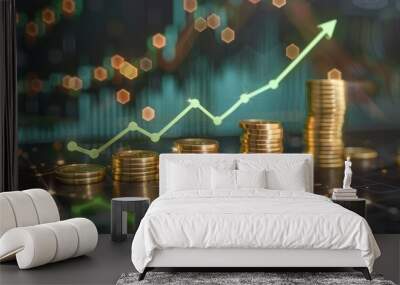 ascending green arrow over golden coins and financial graphs signifying profitable growth and success 3d illustration Wall mural