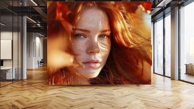 autumnal beauty portrait captivating redhead model with flowing hair and natural makeup embodying the warm colors and essence of fall season Wall mural