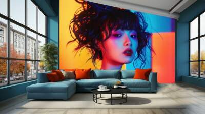 avantgarde japanese fashion portrait model with avantgarde curled hairstyle vibrant color blocked background high contrast lighting fusion of traditional and futuristic elements Wall mural