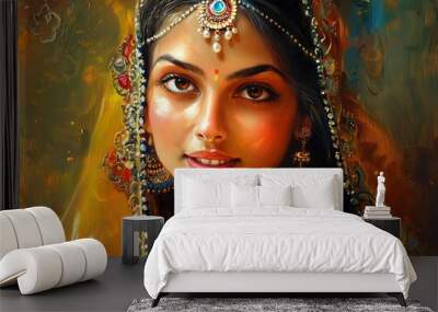 beautiful indian girl portrait in traditional costume and kundan jewelry vibrant cultural heritage oil painting Wall mural