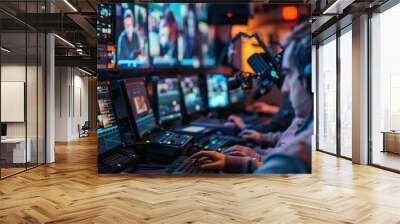 behindthescenes view of a live broadcast control room multiple screens illuminate focused technicians as they navigate complex equipment capturing the intensity of realtime media production Wall mural