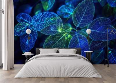 bioluminescent tropical foliage exotic leaves radiate otherworldly blue and green light creating a surreal jungle scene with glowing veins and phosphorescent edges against inky darkness Wall mural