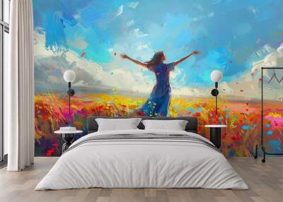 blissful woman embracing natures vibrant summer landscape joyful field wanderlust uplifting digital painting Wall mural