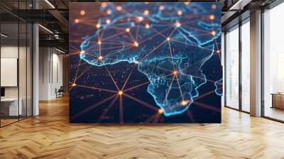 Blockchain technology network expanding across map of Africa, futuristic digital concept illustration Wall mural