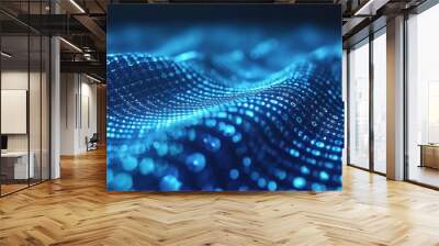 Blue binary code background with digital waves, technology and communication concept background Wall mural