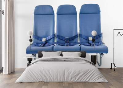 blue fabric airplane seats with seat belts on white travel symbol isolated object photo Wall mural