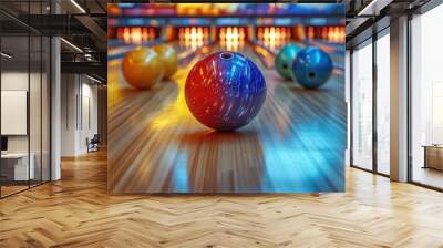 bowling ball striking down a set of pins in a colorful burst of motion capturing the excitement of the game and the thrill of the perfect shot Wall mural