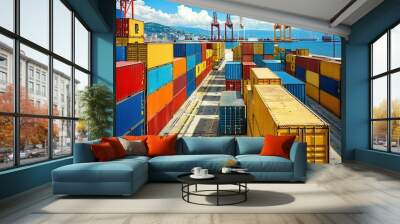 bustling international shipping port with colorful cargo containers and cranes global trade Wall mural