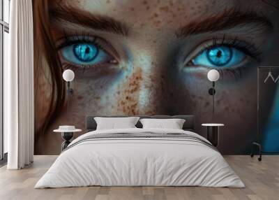 captivating closeup portrait piercing blue eyes constellation of freckles dramatic studio lighting neutral background raw emotion highcontrast monochromatic style Wall mural