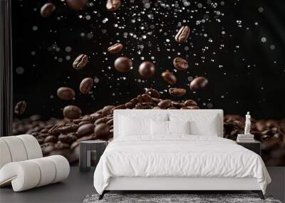 cascading coffee beans cluster pouring onto mound with water droplets dark background food photography Wall mural