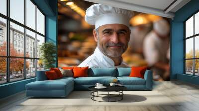 charismatic middleaged male chef portrait in a bustling professional kitchen warm lighting highlights his confident smile and crisp white uniform embodying culinary expertise and passion Wall mural