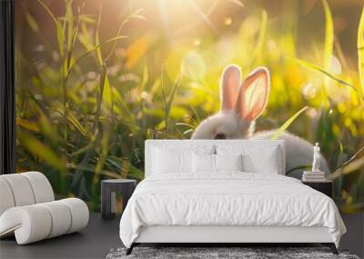 charming fluffy rabbit peeking through sunlit grass serene nature moment cute animal photography Wall mural