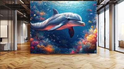 charming illustration of a playful baby dolphin swimming happily in a colorful ocean surrounded by vibrant coral reefs and bright sea life in a serene underwater setting Wall mural