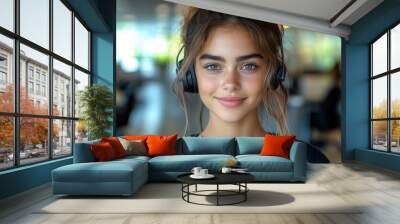 cheerful young woman wearing a headset in a bustling call center environment bright modern office space with multiple workstations focus on positive customer service and communication Wall mural