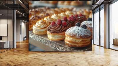 chefs pride artisanal pastries on ornate silver tray warm bakery lighting focus on intricate details and textures steam rising from fresh baked goods Wall mural