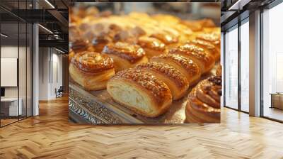 chefs pride artisanal pastries on ornate silver tray warm bakery lighting focus on intricate details and textures steam rising from fresh baked goods Wall mural