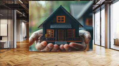 closeup of hands holding miniature house model real estate and property concept lifestyle photo Wall mural